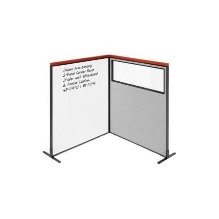 Global Equipment Interion    Deluxe Freestanding 2-Panel Corner w/Whiteboard   Partial Window 48-1/4Wx61-1/2H Gray 695181GY